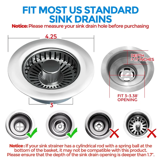 Alt view image 4 of 7 - Kitchen Sink Drain Strainer - Kitchen Sink Stopper, 304 Stainless Steel Sink Drain Stopper, Sink Protector for Kitchen with Anti-Clog Filter, Fit US Standard 3-1/2'' Sink Drain Hole, Gray