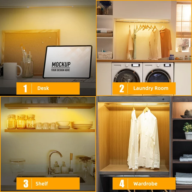 Alt view image 5 of 6 - Under Cabinet Lights Plug-in, 4 Pack x 12inch Warm White 3000K LED Under Cabinet Lighting, Dimmable Under Counter Lights with Memory Function, LED Light Bars for Kitchen Pantry Desk