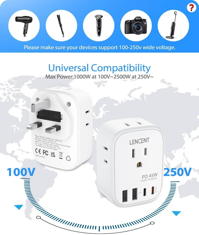 Alt view image 6 of 7 - US to UK Ireland Travel Plug Adapter, PD45W Grounded Type G Adapter Travel Adapter with 4 Outlets 4 USB Ports(2 USB C), Power Plug for US to Dubai Scotland British London England Singapore