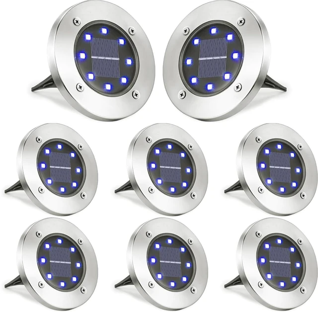 Main image of Solar Ground Lights Outdoor, 8 Pack 8 LED Solar Disk Lights Waterproof Garden In-ground Pathway Light Landscape Lighting for Lawn,Yard,Deck,Patio,Walkway (Blue)