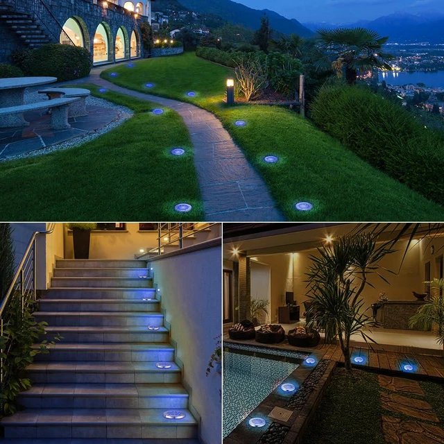 Alt view image 2 of 7 - Solar Ground Lights Outdoor, 8 Pack 8 LED Solar Disk Lights Waterproof Garden In-ground Pathway Light Landscape Lighting for Lawn,Yard,Deck,Patio,Walkway (Blue)