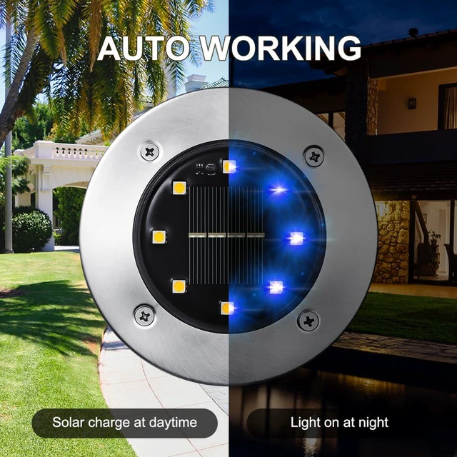 Alt view image 5 of 7 - Solar Ground Lights Outdoor, 8 Pack 8 LED Solar Disk Lights Waterproof Garden In-ground Pathway Light Landscape Lighting for Lawn,Yard,Deck,Patio,Walkway (Blue)