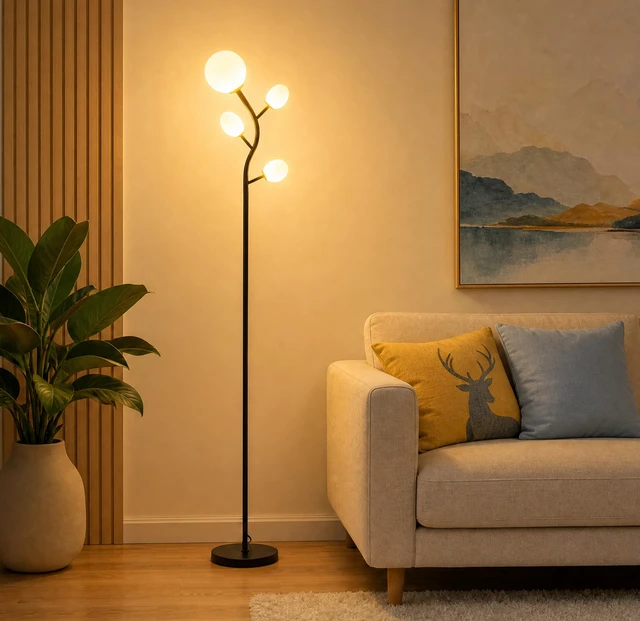 Main image of 4 Globe Floor Lamp for Living Room, Mid Modern Standing Tree Lamp 3000K Warm White Light, 4 LED Bulbs Included, Sphere Ball Frosted Glass Shade Tall Lamp for Bedroom/Office, Matt Black