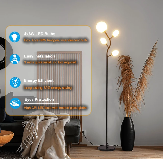 Alt view image 2 of 6 - 4 Globe Floor Lamp for Living Room, Mid Modern Standing Tree Lamp 3000K Warm White Light, 4 LED Bulbs Included, Sphere Ball Frosted Glass Shade Tall Lamp for Bedroom/Office, Matt Black