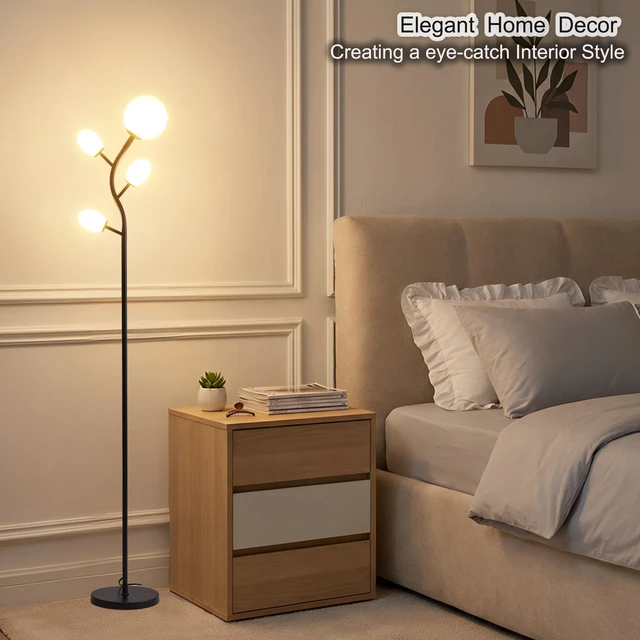 Alt view image 5 of 6 - 4 Globe Floor Lamp for Living Room, Mid Modern Standing Tree Lamp 3000K Warm White Light, 4 LED Bulbs Included, Sphere Ball Frosted Glass Shade Tall Lamp for Bedroom/Office, Matt Black