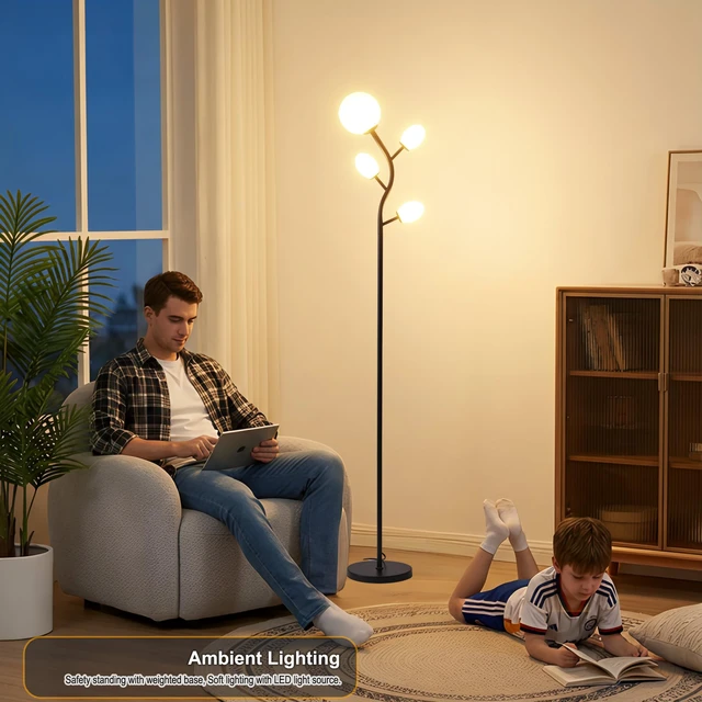 Alt view image 4 of 6 - 4 Globe Floor Lamp for Living Room, Mid Modern Standing Tree Lamp 3000K Warm White Light, 4 LED Bulbs Included, Sphere Ball Frosted Glass Shade Tall Lamp for Bedroom/Office, Matt Black