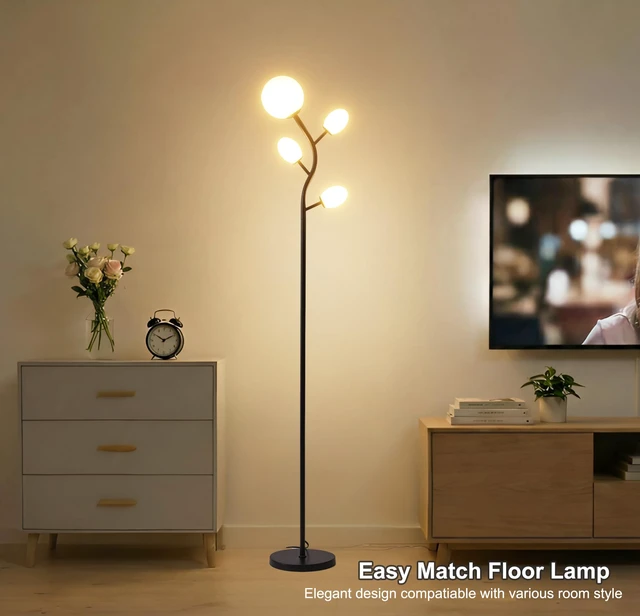 Alt view image 3 of 6 - 4 Globe Floor Lamp for Living Room, Mid Modern Standing Tree Lamp 3000K Warm White Light, 4 LED Bulbs Included, Sphere Ball Frosted Glass Shade Tall Lamp for Bedroom/Office, Matt Black