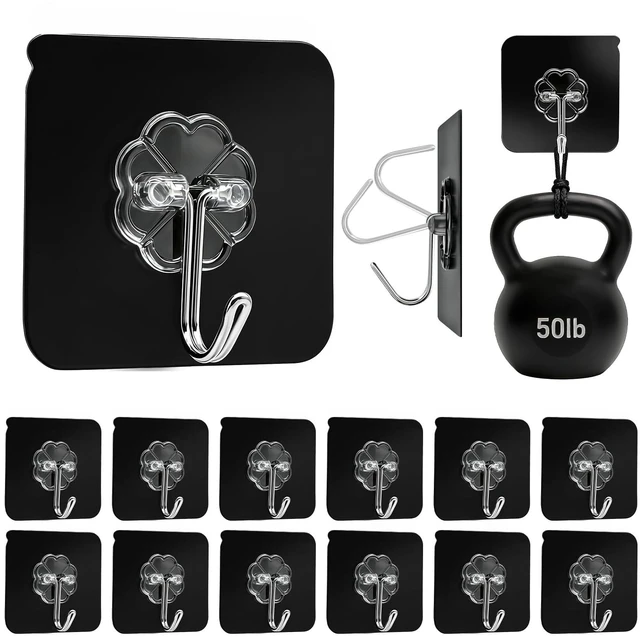 Main image of Black Heavy Duty Adhesive Hooks 2026 Upgraded 50lbsMax Sticky Wall Hooks for Hanging 12 Pack No Damage Hook Strong Waterproof Bathroom, Kitchen, Shower,Ceiling, Office and Outside Decor Hanger