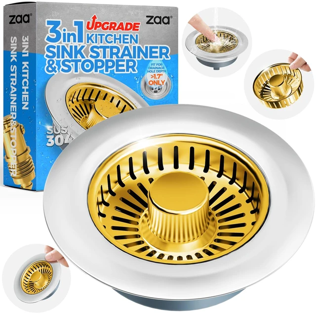 Main image of 3 in 1 Kitchen Sink Drain Strainer Stopper Removable Basket Pop-Up Kitchen Sink Accessories 1 Pack Gold Stainless - Food Catcher, Odor-Blocking Seal, Fits 3.5" Drain