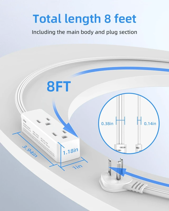 Alt view image 5 of 7 - Flat Plug Extension Cord with 3 Outlets - 8 ft White Low Profile Indoor 3 Prong Grounded Power Strip for Home Office & Travel - 16/3 AWG, 13A/1625W