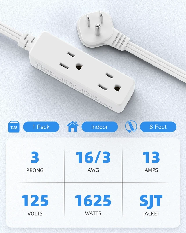 Alt view image 3 of 7 - Flat Plug Extension Cord with 3 Outlets - 8 ft White Low Profile Indoor 3 Prong Grounded Power Strip for Home Office & Travel - 16/3 AWG, 13A/1625W