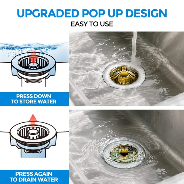 Alt view image 3 of 7 - 3 in 1 Kitchen Sink Drain Strainer Stopper Removable Basket Pop-Up Kitchen Sink Accessories 1 Pack Gold Stainless - Food Catcher, Odor-Blocking Seal, Fits 3.5" Drain
