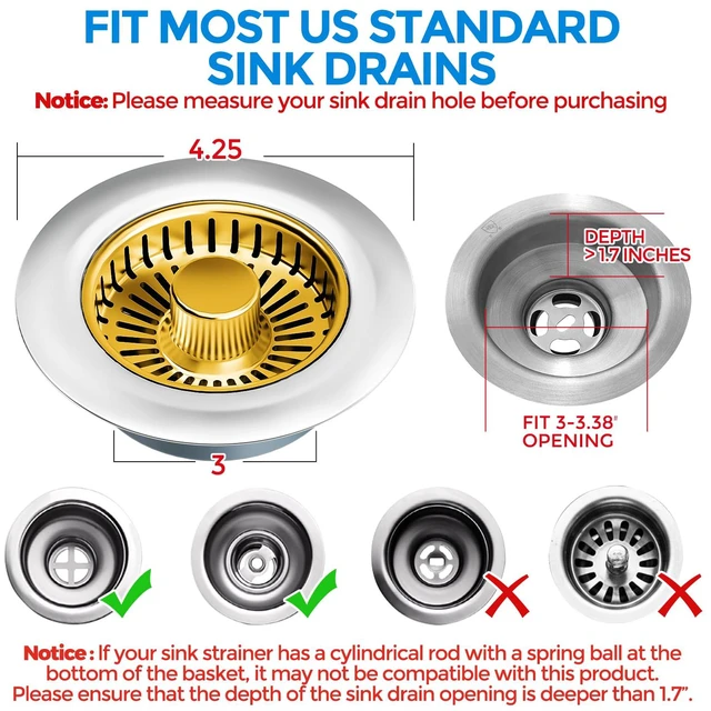 Alt view image 4 of 7 - 3 in 1 Kitchen Sink Drain Strainer Stopper Removable Basket Pop-Up Kitchen Sink Accessories 1 Pack Gold Stainless - Food Catcher, Odor-Blocking Seal, Fits 3.5" Drain