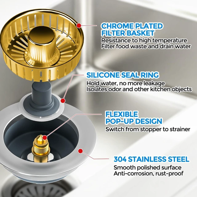 Alt view image 6 of 7 - 3 in 1 Kitchen Sink Drain Strainer Stopper Removable Basket Pop-Up Kitchen Sink Accessories 1 Pack Gold Stainless - Food Catcher, Odor-Blocking Seal, Fits 3.5" Drain