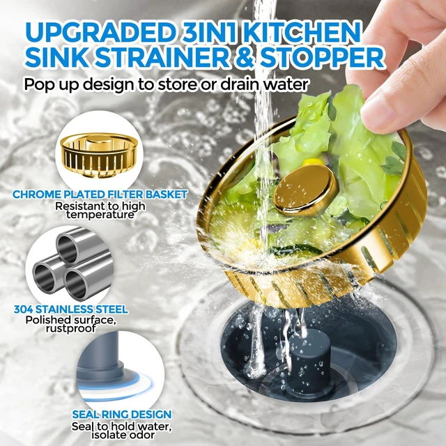 Alt view image 2 of 7 - 3 in 1 Kitchen Sink Drain Strainer Stopper Removable Basket Pop-Up Kitchen Sink Accessories 1 Pack Gold Stainless - Food Catcher, Odor-Blocking Seal, Fits 3.5" Drain
