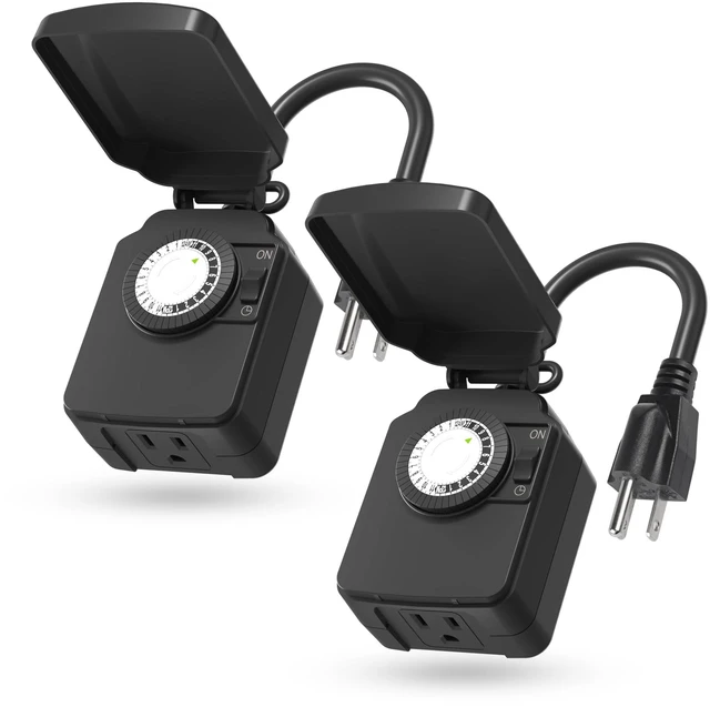 Main image of Outdoor 24-Hour Mechanical Timer Outlet, 1 Grounded Outlet, 2 Pack 30-min Intervals; Daily Repeat; Easy Dial; Weatherproof Cover; For Christmas Lights, Pump, Sprinkler, Fountain, ETL Listed