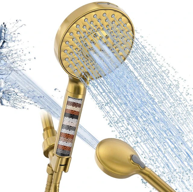 Main image of Filtered Shower Head with Handheld High Pressure 9 Spray Mode Showerhead Detachable Shower Head Water Softener Filters Beads for Hard Water Remove Chlorine 1 Filters Brushed Gold
