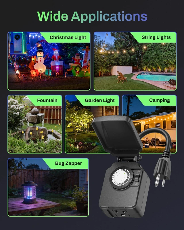 Alt view image 7 of 7 - Outdoor 24-Hour Mechanical Timer Outlet, 1 Grounded Outlet, 2 Pack 30-min Intervals; Daily Repeat; Easy Dial; Weatherproof Cover; For Christmas Lights, Pump, Sprinkler, Fountain, ETL Listed