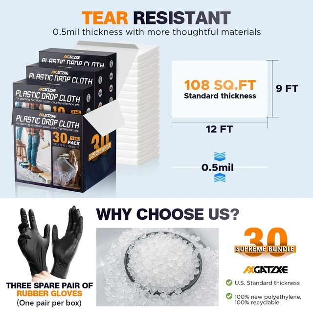 Alt view image 5 of 7 - 12 x 9 Ft Plastic Drop Cloths for Painting (30-Pack) Plastic Painter's Sheeting & Tarps for Painting Supplies, Waterproof & Dust-proof Furniture/Couch/Floor Protection Cover