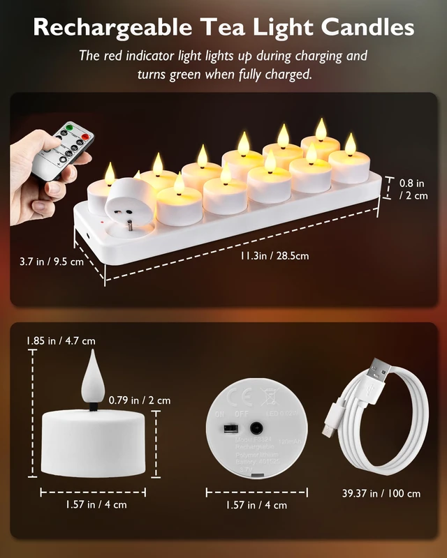 Alt view image 6 of 7 - 12-Pack Rechargeable Tea Light Candles with Remote, 2/4/6/8H Timer Flameless Flickering Battery Operated LED Tealights with Charging Base for Votive Cups, Glass Holders and Cozy Home Ambiance