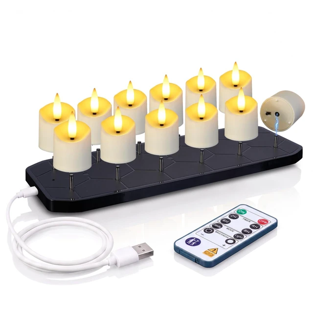 Main image of 12 Pack Rechargeable Tea Light Candles with Remote, 2/4/6/8H Timer With 12 slot charging base, matched remote supports timer, dimmable brightness, flicker & steady light modes for home decor