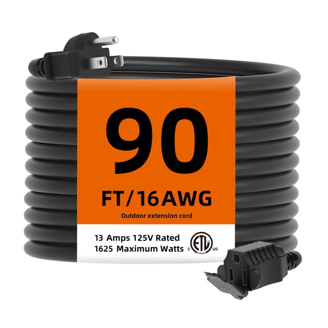 Main image of Indoor Outdoor Extension Cord Waterproof, 90 Feet 3 Prong Power Cord for Home and Garden, 16 AWG, 13A/1625W, ETL Listed