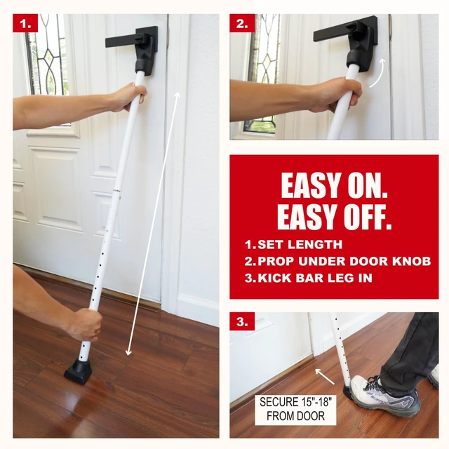 Alt view image 4 of 6 - 3-in-1 Door Security Bar, Security Door Stoppers & Door Barricade Heavy Duty Adjustable Iron Security Lock Bar for Home Defense, Apartment & Travel Safety (2 Pack - White)