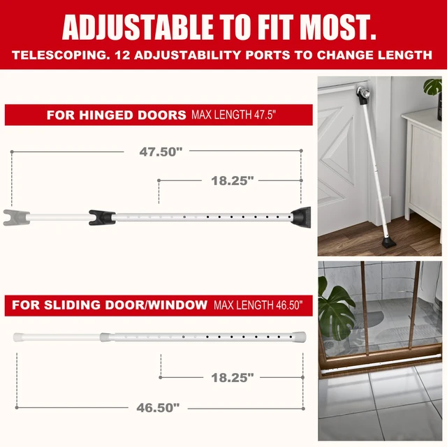 Alt view image 2 of 6 - 3-in-1 Door Security Bar, Security Door Stoppers & Door Barricade Heavy Duty Adjustable Iron Security Lock Bar for Home Defense, Apartment & Travel Safety (2 Pack - White)