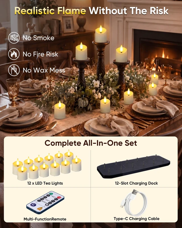 Alt view image 4 of 6 - 12 Pack Rechargeable Tea Light Candles with Remote, 2/4/6/8H Timer With 12 slot charging base, matched remote supports timer, dimmable brightness, flicker & steady light modes for home decor