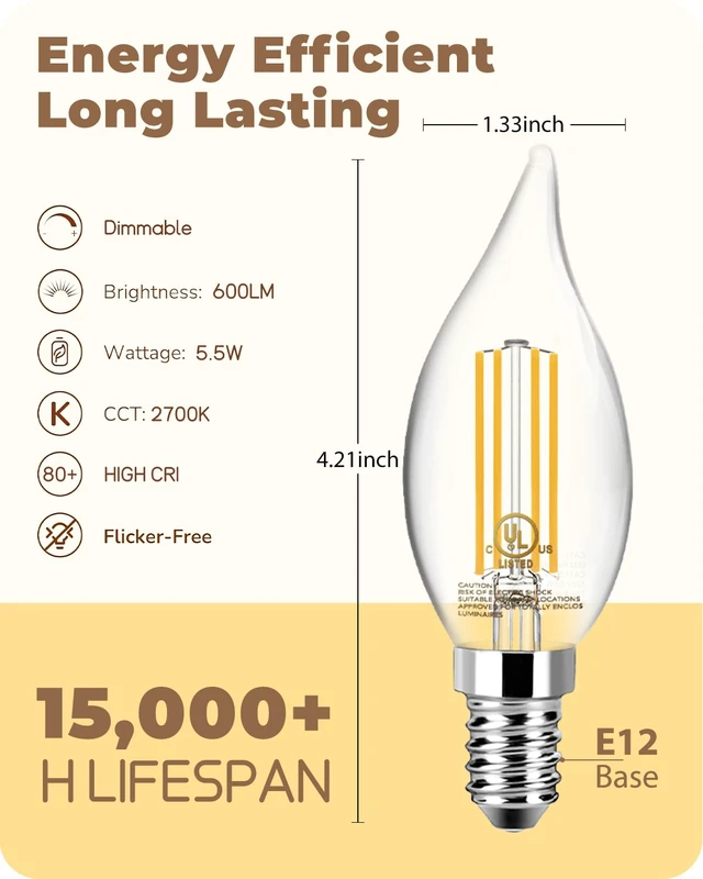 Alt view image 2 of 7 - LED Candelabra Light Bulb, Chandelier E12 Light Bulb, 60W Equivalent Candle Flame Tip 2700K, 5.5W 600LM, Dimmable, E12 Base, CA11, 80+ CRI, Clear Filament Bulb for Chandelier, Lamp, Candle light