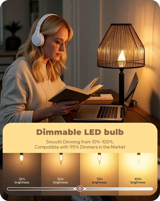 Alt view image 3 of 7 - LED Candelabra Light Bulb, Chandelier E12 Light Bulb, 60W Equivalent Candle Flame Tip 2700K, 5.5W 600LM, Dimmable, E12 Base, CA11, 80+ CRI, Clear Filament Bulb for Chandelier, Lamp, Candle light
