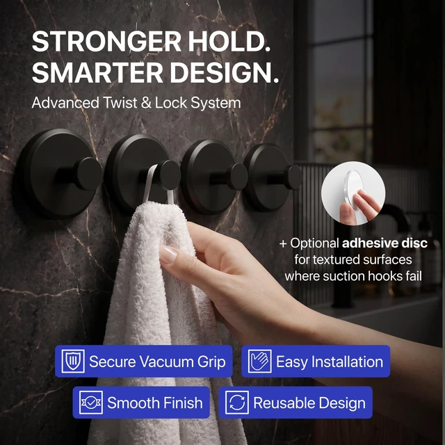 Alt view image 2 of 6 - Suction Cup Hooks for Shower & Bathroom Towel Holder 4-Pack Black Waterproof Rustproof Organizer Hook Hanging Loofah Robe Coat Bath Accessories on Tile Glass Door Mirror + Optional 3M Disc