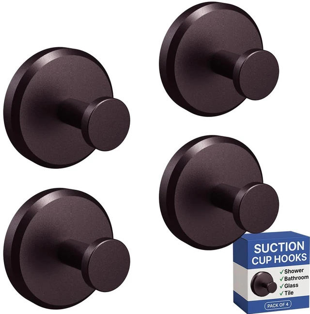 Main image of Suction Cup Hooks for Shower & Bathroom Towel Holder 4-Pack Bronze Waterproof Rustproof Organizer Hook Hanging Loofah Robe Coat Bath Accessories on Tile Glass Door Mirror + Optional 3M Disc