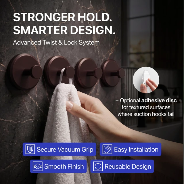 Alt view image 2 of 6 - Suction Cup Hooks for Shower & Bathroom Towel Holder 4-Pack Bronze Waterproof Rustproof Organizer Hook Hanging Loofah Robe Coat Bath Accessories on Tile Glass Door Mirror + Optional 3M Disc