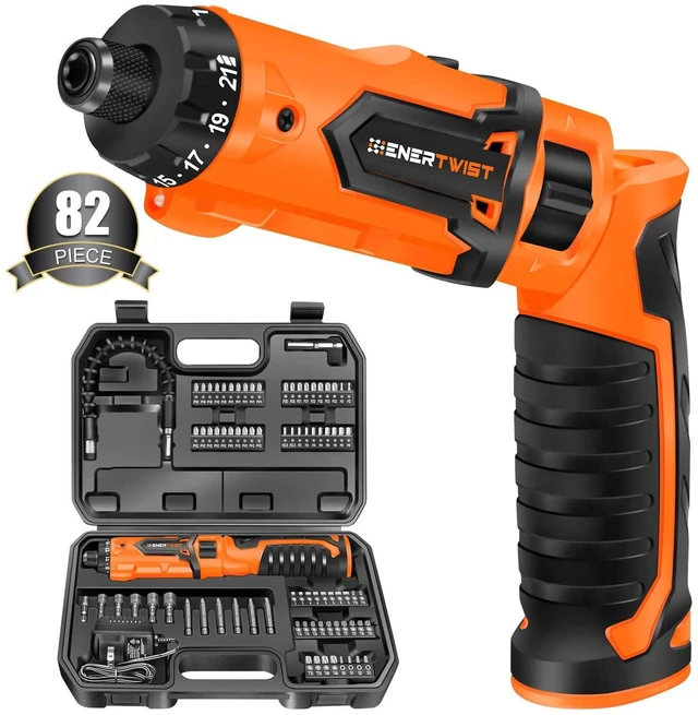 Main image of 8V Cordless Electric Screwdriver Set with 1.5Hr Fast Rechargeable 2000mAh, 82 Accessory Kit, Max 10Nm 21+1 Torque, Ergonomic Dual Position Handle, Carrying Case, Safety Lock, LED Light