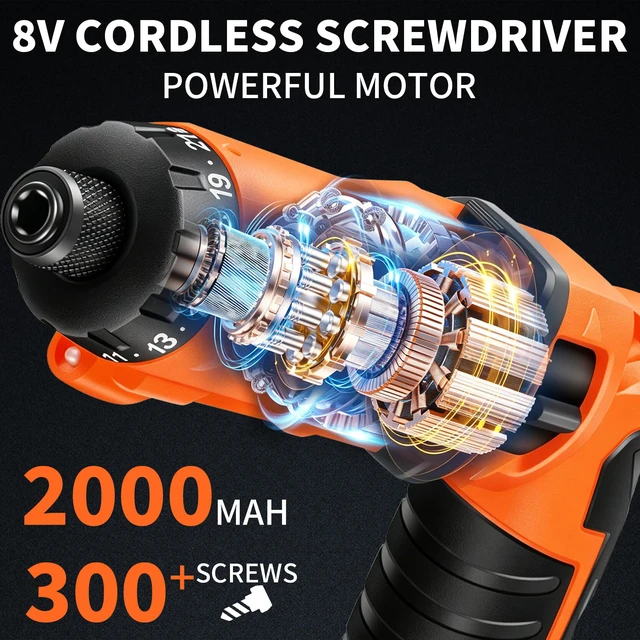 Alt view image 4 of 7 - 8V Cordless Electric Screwdriver Set with 1.5Hr Fast Rechargeable 2000mAh, 82 Accessory Kit, Max 10Nm 21+1 Torque, Ergonomic Dual Position Handle, Carrying Case, Safety Lock, LED Light