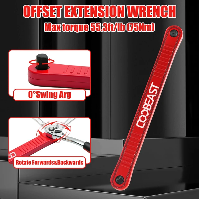 Alt view image 4 of 7 - 3/8" Offset Extension Wrench Impact Ready Socket Wrench Extender ToolRed Versatile 1/4",3/8", 1/2" Square Drive Adapters,Universal Extensions Wrench,0° Swing Extender,for Small Place