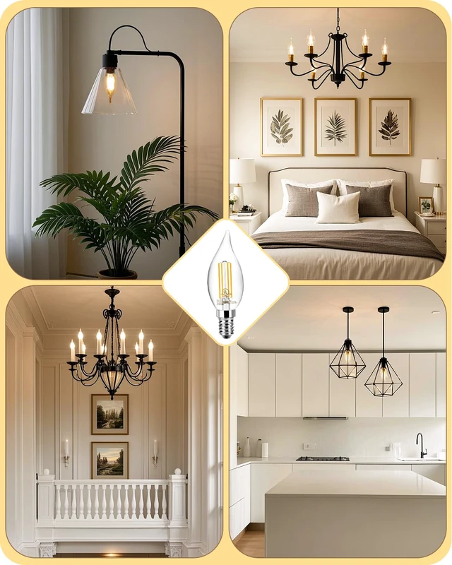 Alt view image 7 of 7 - LED Candelabra Light Bulb, Chandelier E12 Light Bulb, 60W Equivalent Candle Flame Tip 2700K, 5.5W 600LM, Dimmable, E12 Base, CA11, 80+ CRI, Clear Filament Bulb for Chandelier, Lamp, Candle light