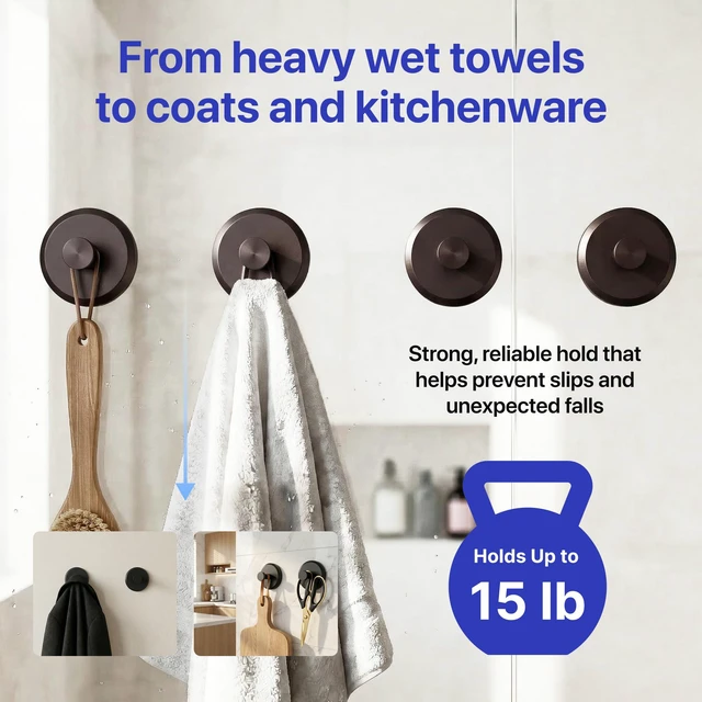 Alt view image 4 of 6 - Suction Cup Hooks for Shower & Bathroom Towel Holder 4-Pack Bronze Waterproof Rustproof Organizer Hook Hanging Loofah Robe Coat Bath Accessories on Tile Glass Door Mirror + Optional 3M Disc