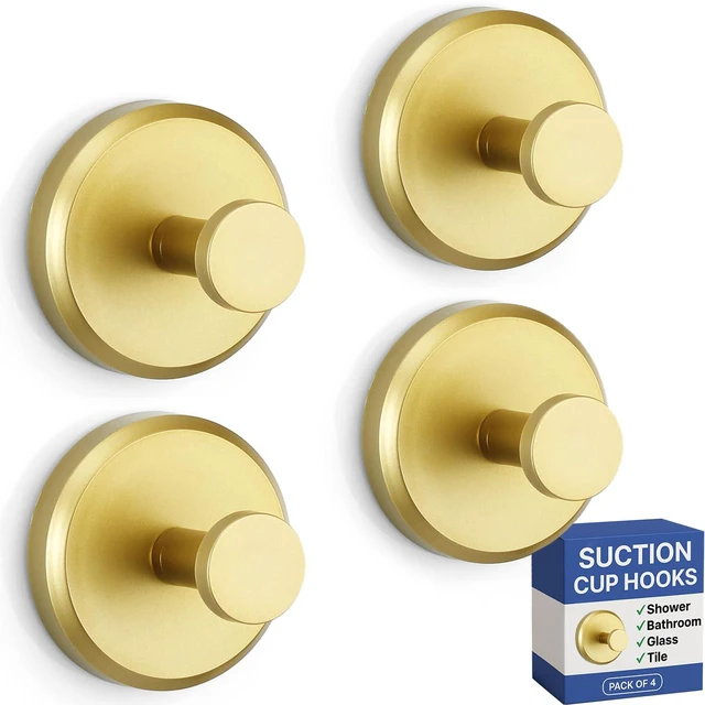 Main image of Suction Cup Hooks for Shower & Bathroom Towel Holder 4-Pack Gold Waterproof Rustproof Organizer Hook Hanging Loofah Robe Coat Bath Accessories on Tile Glass Door Mirror + Optional 3M Disc