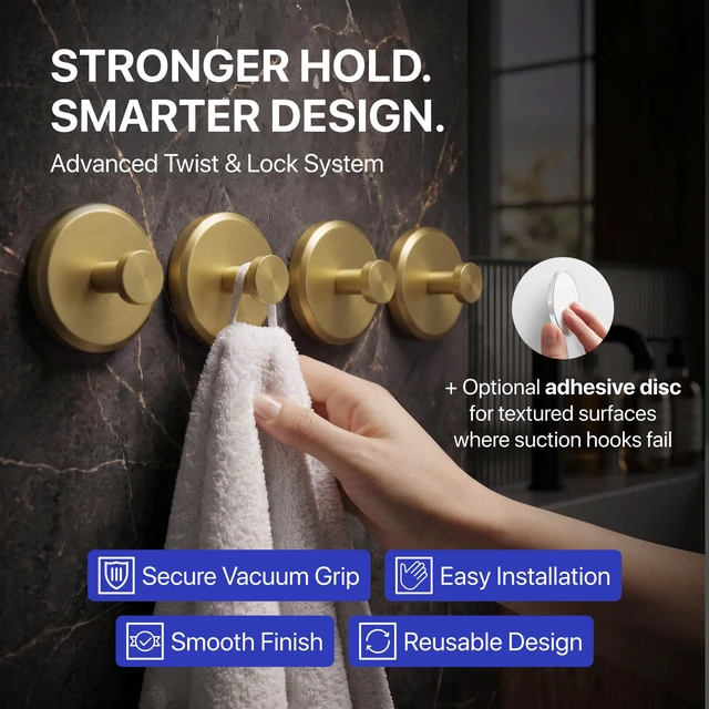Alt view image 2 of 6 - Suction Cup Hooks for Shower & Bathroom Towel Holder 4-Pack Gold Waterproof Rustproof Organizer Hook Hanging Loofah Robe Coat Bath Accessories on Tile Glass Door Mirror + Optional 3M Disc