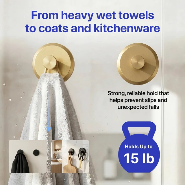 Alt view image 2 of 5 - Suction Cup Hooks for Shower & Bathroom Towel Holder 2-Pack Gold Waterproof Rustproof Organizer Hook Hanging Loofah Robe Coat Bath Accessories on Tile Glass Door Mirror + Optional 3M Disc