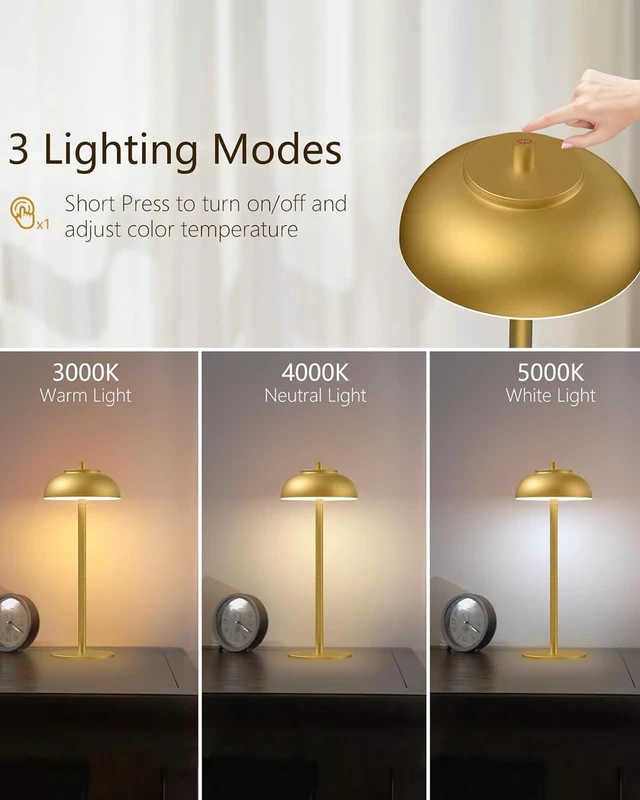 Alt view image 3 of 5 - Cordless Table Lamps, Rechargeable LED Touch Lamp, Gold, 4 Pack Waterproof, 5000mAh Battery, 3 Color Temperatures, 10-100% Touch Dimming, for Patio, Table Top, Dinner, Restaurant, Home Bar