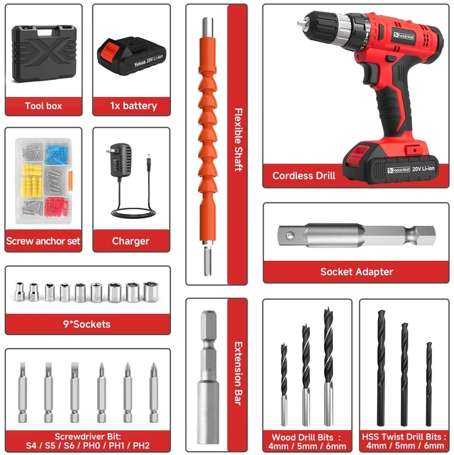 Alt view image 2 of 7 - Cordless Drill Set, 20V Electric Power Drill With Battery And Charger, 30N Torque, 21+1 Settings, 3/8-Inch Keyless Chuck, Driver Bits Kit, LED Light (Red