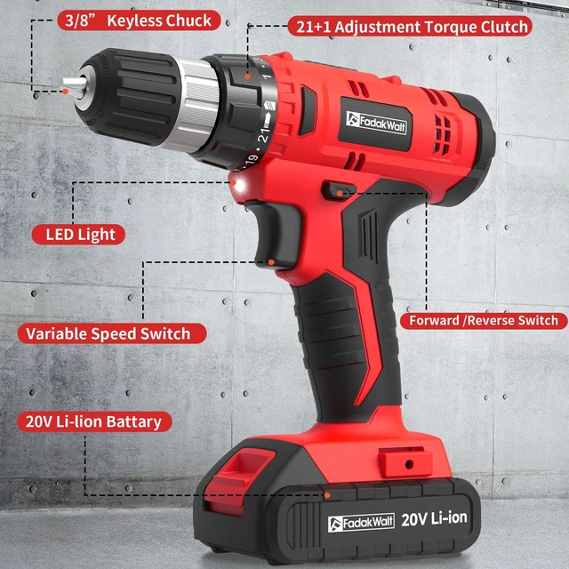 Alt view image 3 of 7 - Cordless Drill Set, 20V Electric Power Drill With Battery And Charger, 30N Torque, 21+1 Settings, 3/8-Inch Keyless Chuck, Driver Bits Kit, LED Light (Red