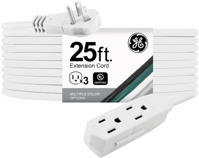Main image of 3-Outlet Flat Extension Cord 25 Ft Grounded Extension Cord 3 Prong Flat Plug Extension Cord with Multiple Outlets, Indoor Power Strip 16 Gau UL Listed White 69920