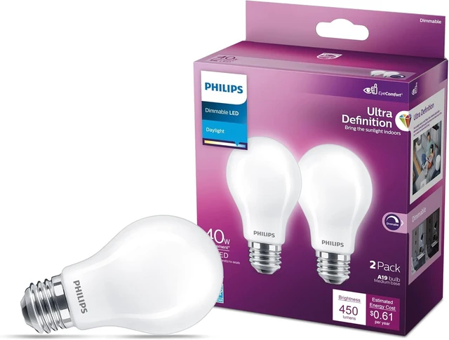 Alt view image 2 of 7 - LED 40W A19 8-Pack Ultra Definition Daylight (5000K) 450 Lumen (5W = 40W) Dimmable Frosted Flicker-Free Light Bulbs