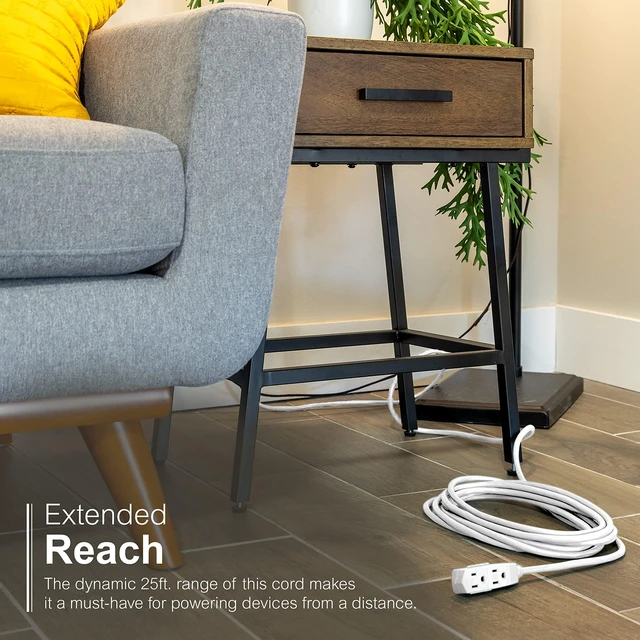 Alt view image 3 of 5 - 3-Outlet Flat Extension Cord 25 Ft Grounded Extension Cord 3 Prong Flat Plug Extension Cord with Multiple Outlets, Indoor Power Strip 16 Gau UL Listed White 69920