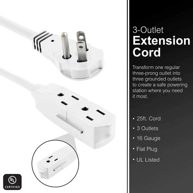Alt view image 2 of 5 - 3-Outlet Flat Extension Cord 25 Ft Grounded Extension Cord 3 Prong Flat Plug Extension Cord with Multiple Outlets, Indoor Power Strip 16 Gau UL Listed White 69920
