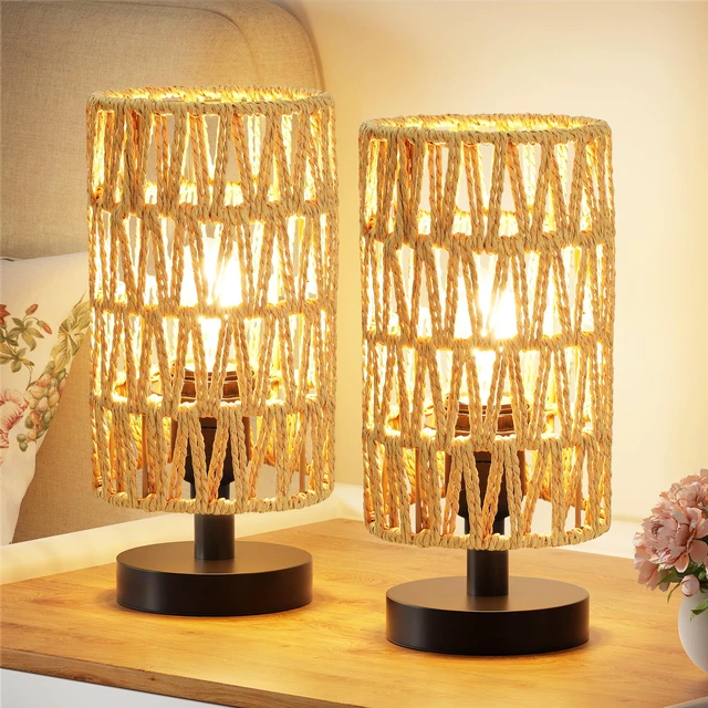 Main image of Table Lamps Set of 2 (Rattan Rope Shade - Black Base, 9" Inline Control) Two 3000K LED Blub Included 680 Lumens Easy Assembly Minimalist Design E26 for Kitchen for Kids Room